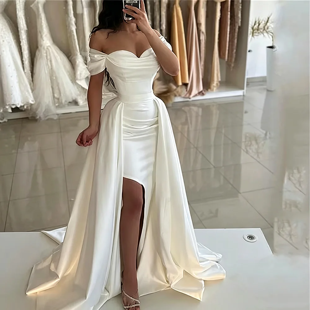 Off Shoulder Satin Wedding Dress Sweetheart Sleeveless Mermaid Bridal Gown With Detachable Overskirt High Slit Train Customized
Off Shoulder Satin Wedding Dress Sweetheart Sleeveless Mermaid Bridal Gown With Detachable Overskirt High Slit Train Customized