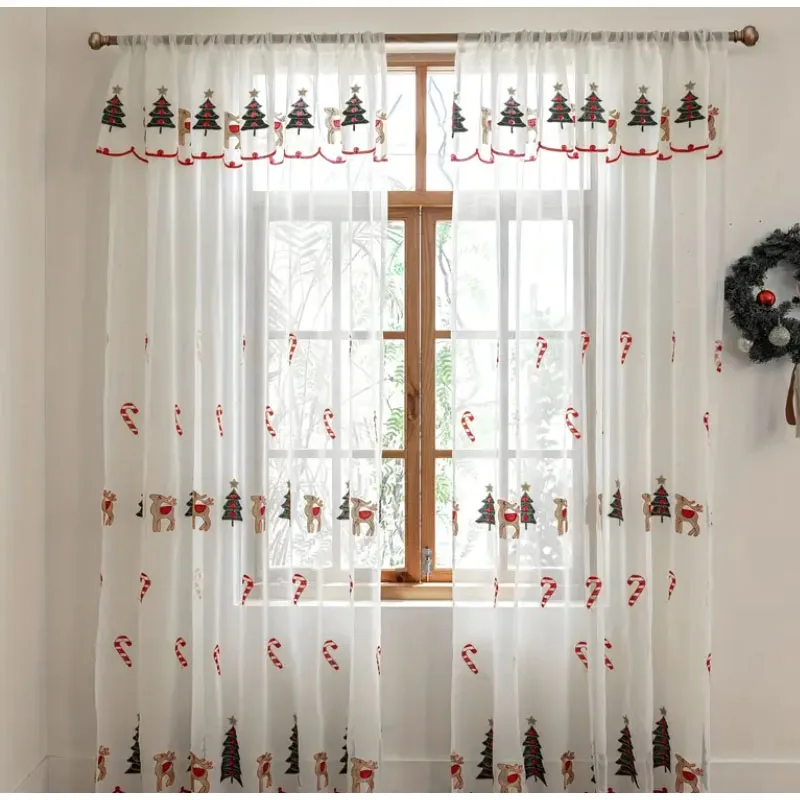 Белые прозрачные шторы с вышитым рождественским узором, элегантный декор для дома и праздника 
Белые прозрачные шторы с вышитым рождественским узором, элегантный декор для дома и праздника