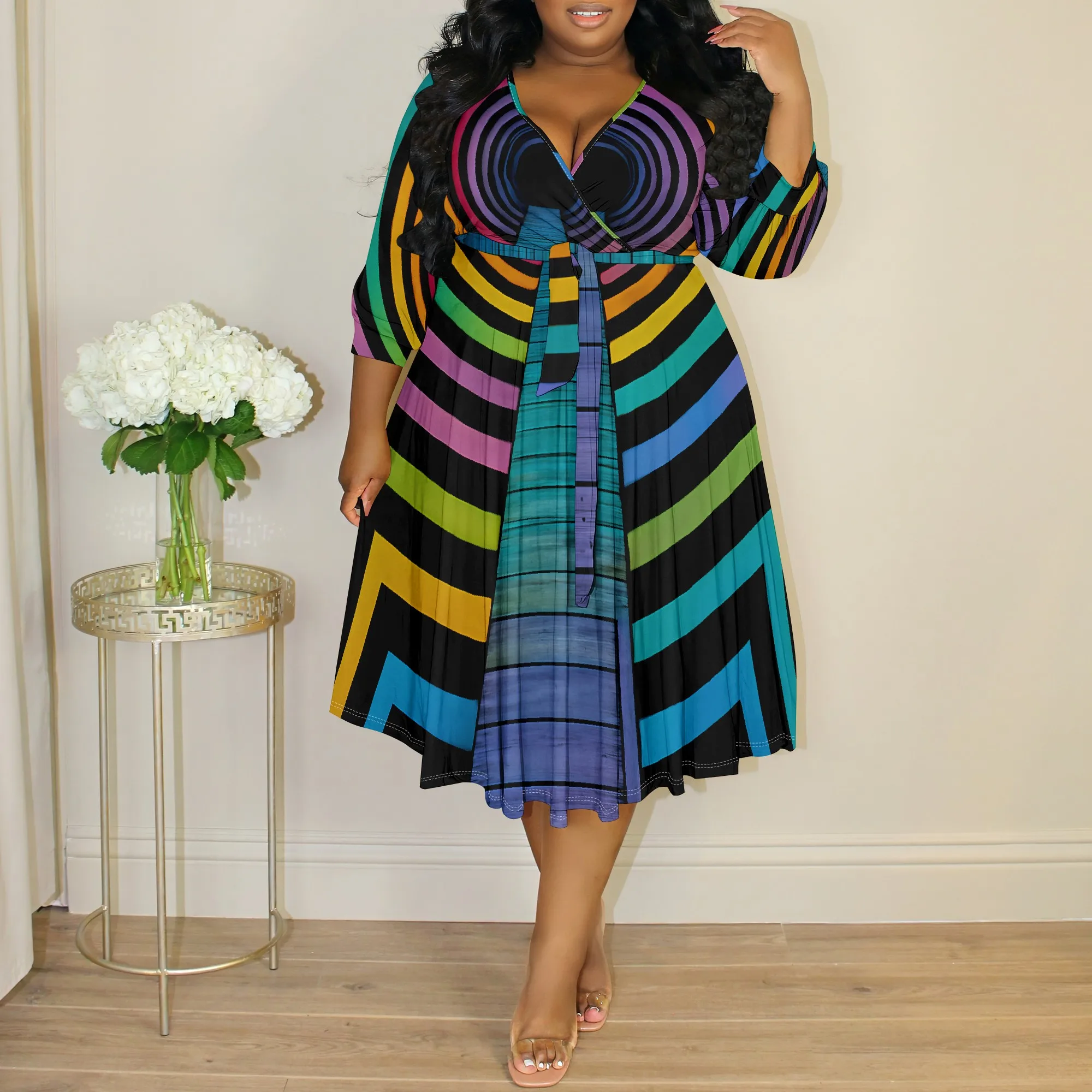 Plus Size Rainbow Geometric Print Midi Dress – V Neck 3/4 Sleeve Colorful Circle Pattern Dress XL-6XL for Women
Plus Size Rainbow Geometric Print Midi Dress – V Neck 3/4 Sleeve Colorful Circle Pattern Dress XL-6XL for Women