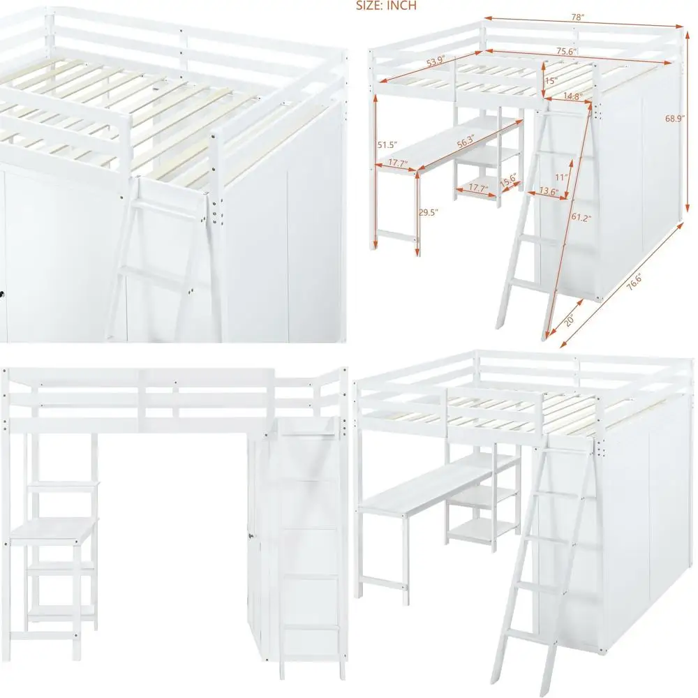 White Wooden Loft Bed with Desk, Closet, and 3-Tier Shelves for Teens, Adults, or Dorms
White Wooden Loft Bed with Desk, Closet, and 3-Tier Shelves for Teens, Adults, or Dorms
