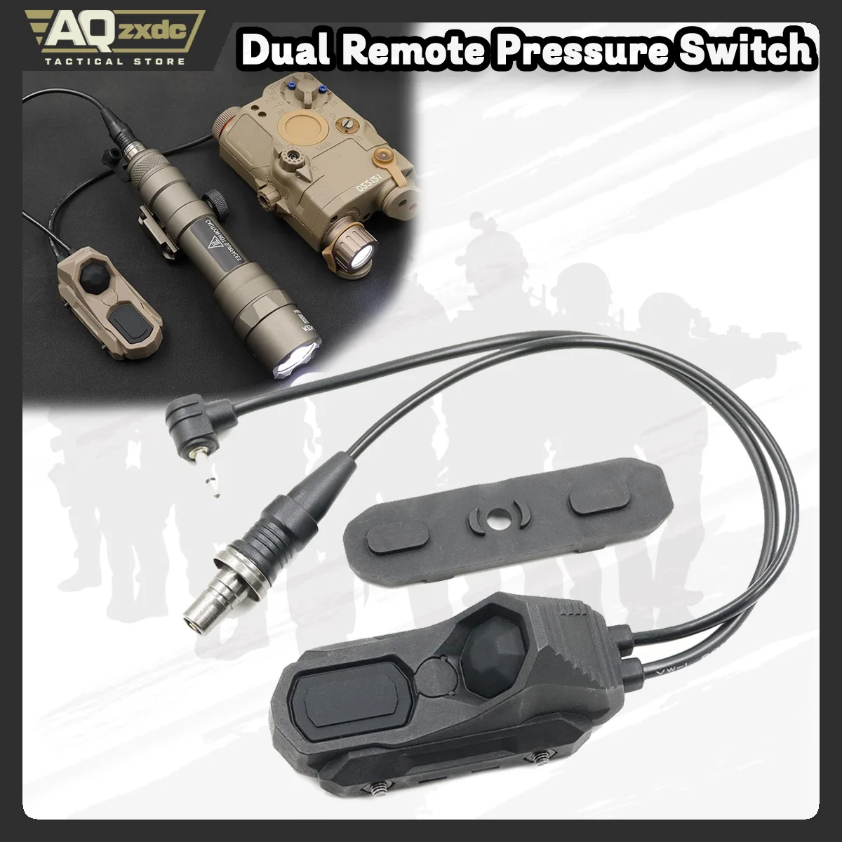 Tactical Dual Remote Pressure Switch Compatible with 2.5mm Plug PEQ-15 & DBAL & SF M300/340/M600/640DF Weapon Lights and Lasers
Tactical Dual Remote Pressure Switch Compatible with 2.5mm Plug PEQ-15 & DBAL & SF M300/340/M600/640DF Weapon Lights and Lasers