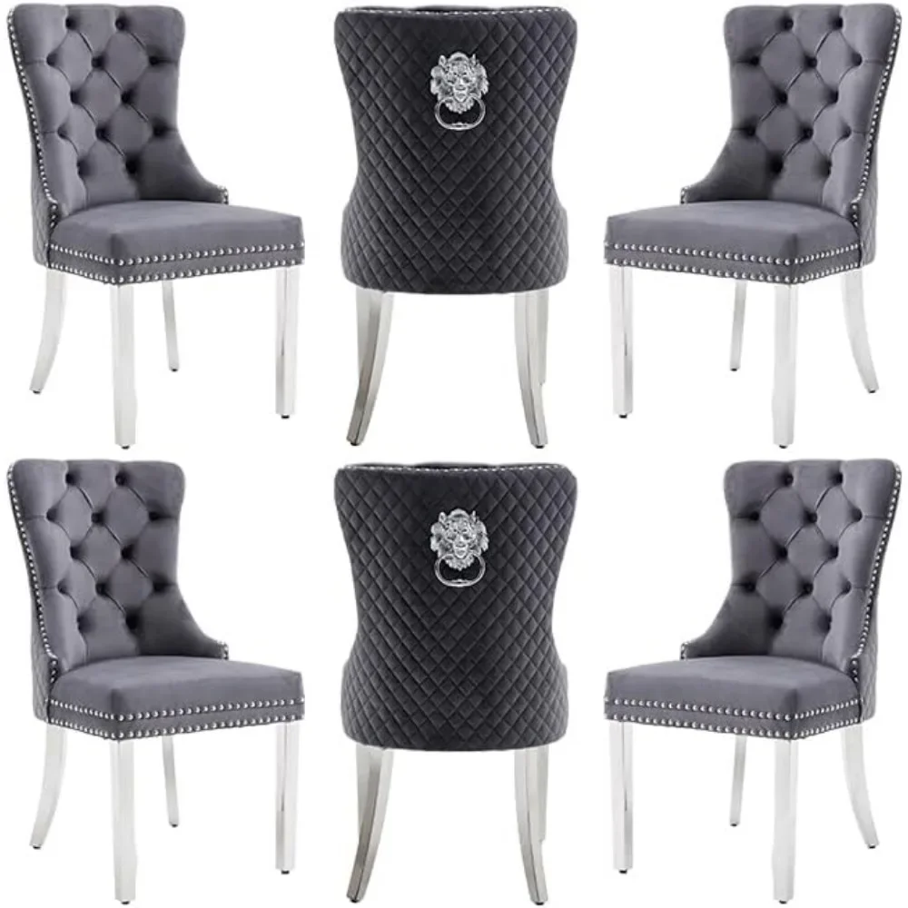 Dining Chair Set of 6, Silver Stainless Steel Legs, Lion Head Pull Ring, Nailhead Trim, Button Tufted Back, Velvet Dining Chair
Dining Chair Set of 6, Silver Stainless Steel Legs, Lion Head Pull Ring, Nailhead Trim, Button Tufted Back, Velvet Dining Chair