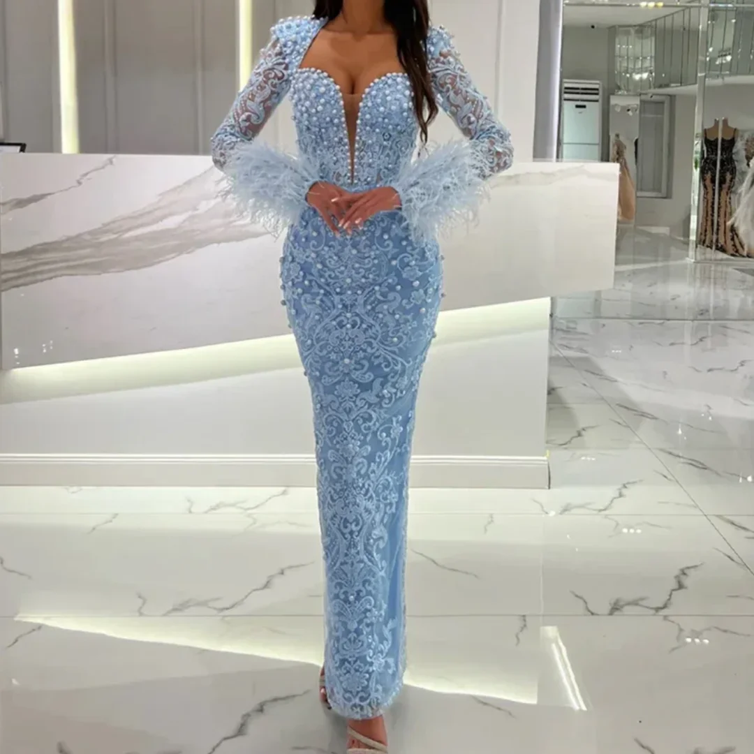 Light Blue Mermaid Evening Dresses Lace Applique Pearls Cocktail Party Gown Ankle Length Prom Dresses Customized
Light Blue Mermaid Evening Dresses Lace Applique Pearls Cocktail Party Gown Ankle Length Prom Dresses Customized