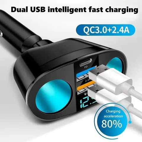 Nuovo doppio USB tipo C ricarica per accendisigari espansione display digitale QC3.0 caricabatteria per auto multifunzionale a ricarica rapida