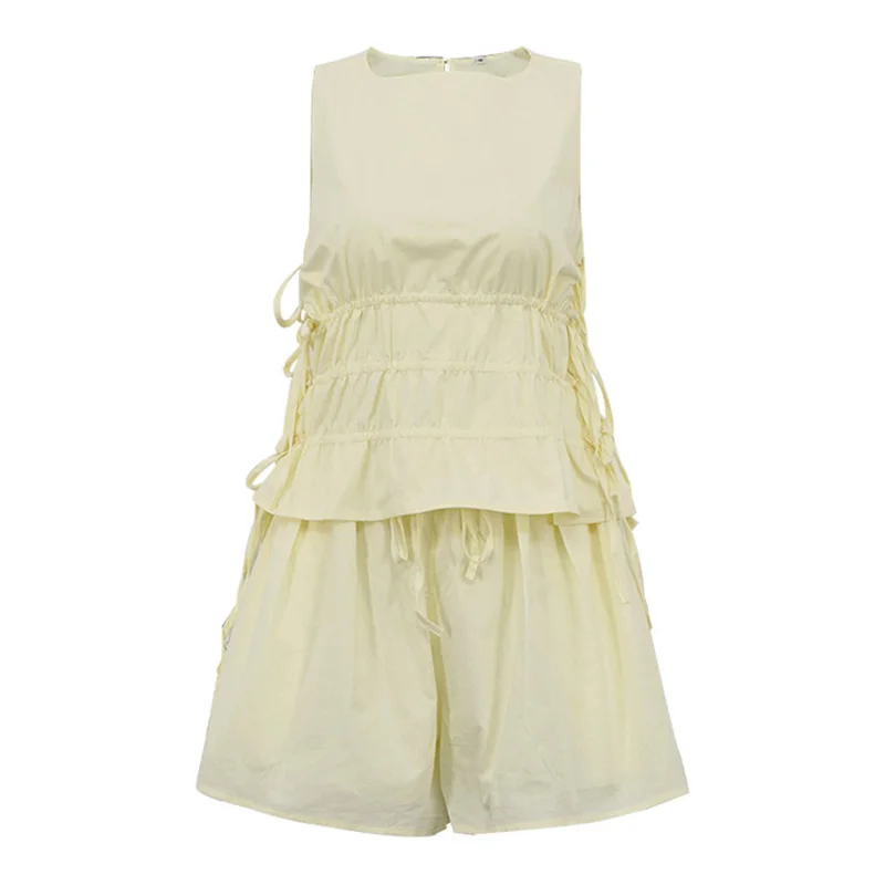 2025 Spring Simple Solid Female Outfits Summer Sleeveless Tank Suits Womens Casual O Neck Pleated Vest Top & Lace-up Shorts Sets
2025 Spring Simple Solid Female Outfits Summer Sleeveless Tank Suits Womens Casual O Neck Pleated Vest Top & Lace-up Shorts Sets