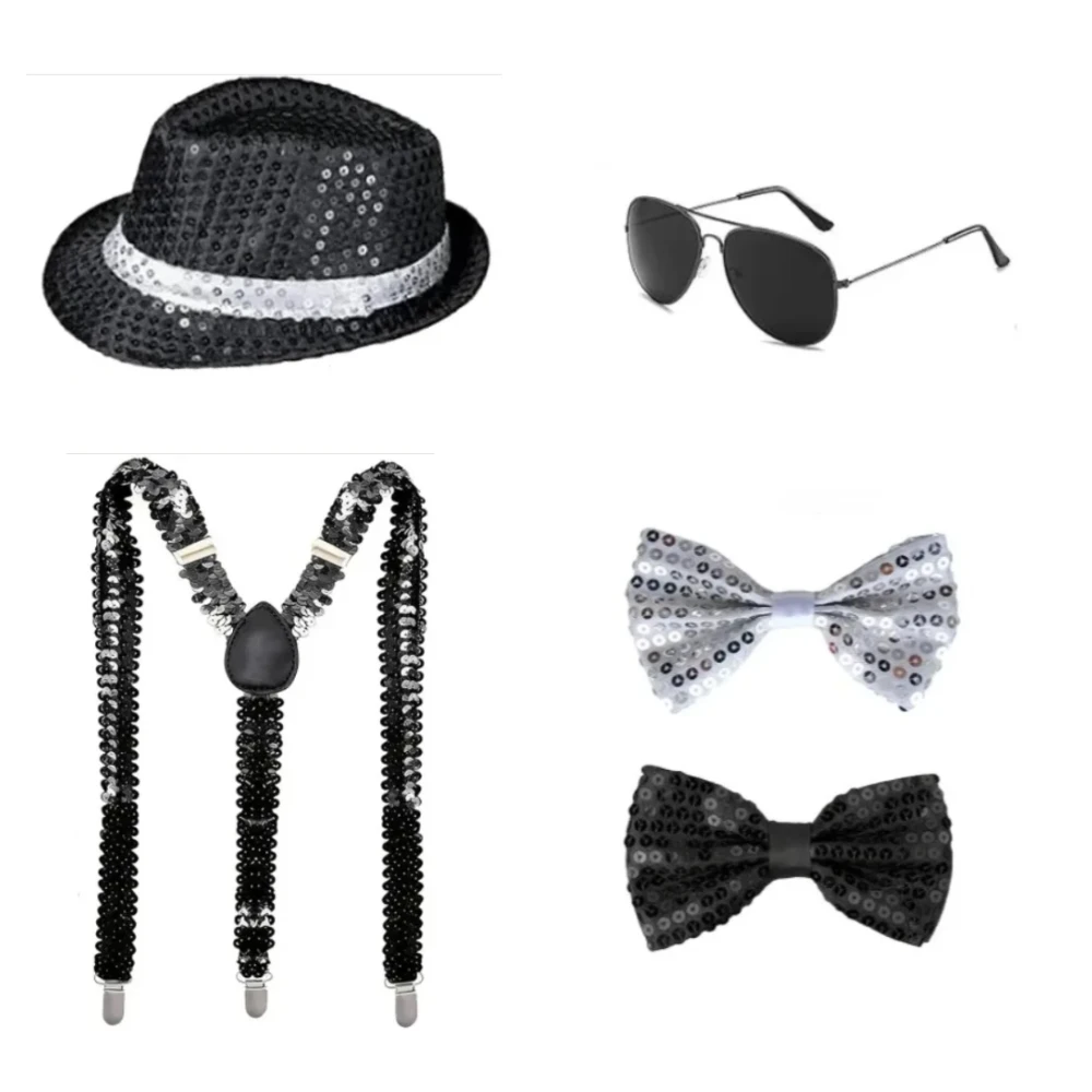 5PCS Dance Star Costume 70s 80s Disco Outfits Sequin Gloves Black Hat Sunglass Tie Sequin Strap for Cosplay Halloween Party
5PCS Dance Star Costume 70s 80s Disco Outfits Sequin Gloves Black Hat Sunglass Tie Sequin Strap for Cosplay Halloween Party