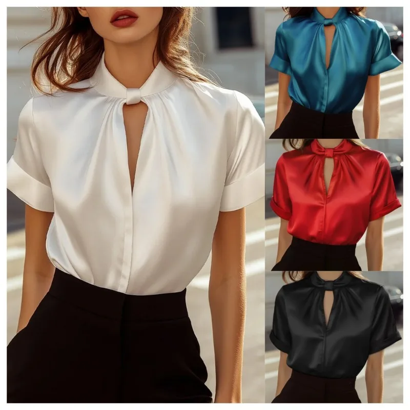 Women's Satin Keyhole Neck Blouse Short Sleeve Elegant Office Top Multiple Colors For Daily And Party Wear
Women's Satin Keyhole Neck Blouse Short Sleeve Elegant Office Top Multiple Colors For Daily And Party Wear