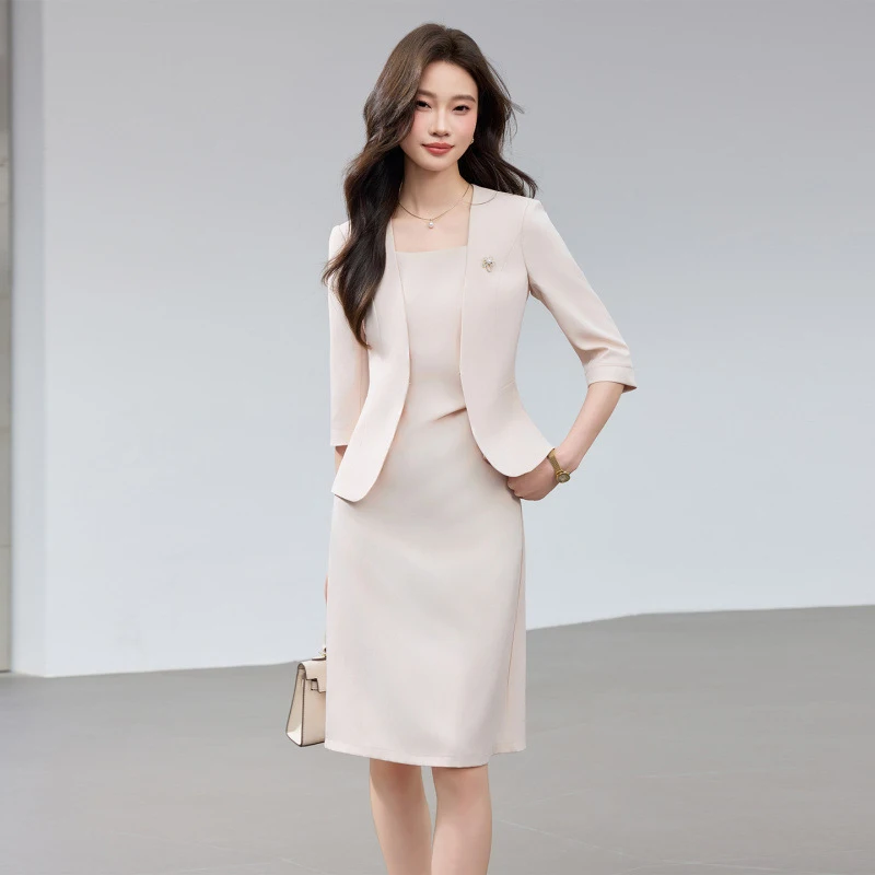 Beige three-quarter sleeve blazer and dress two-piece set for women, suitable for spring, summer, and autumn, elegant profession
Beige three-quarter sleeve blazer and dress two-piece set for women, suitable for spring, summer, and autumn, elegant profession