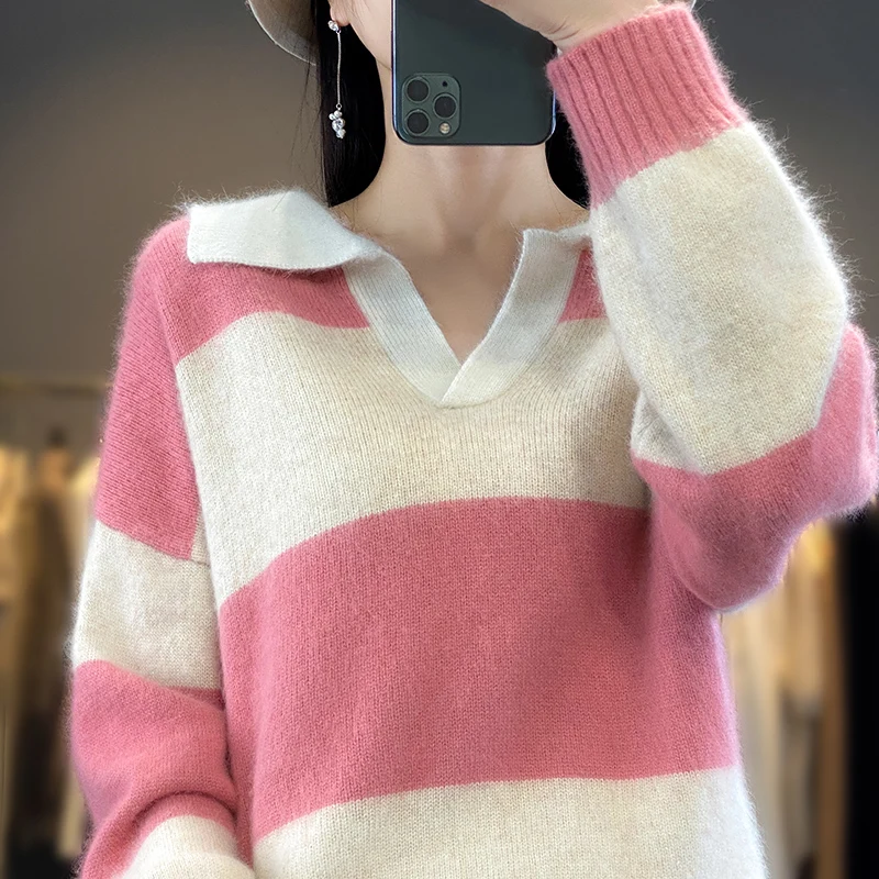 Spring Autumn New Women's POLO Collar Pullover 100% Mink Cashmere Knitted Striped Top Casual Loose Fashion Jacket Korean Edition
Spring Autumn New Women's POLO Collar Pullover 100% Mink Cashmere Knitted Striped Top Casual Loose Fashion Jacket Korean Edition