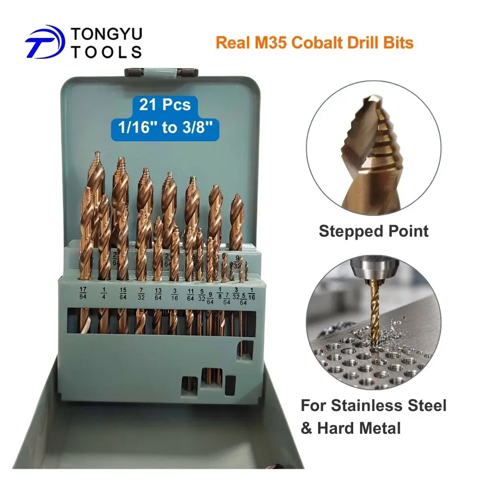 M35 Cobalt Drill Bit Set 21Pcs 1/16-3/8 inch HSS Co5 Jobber Twist Bits for Stainless Stee Hard Metalsl
M35 Cobalt Drill Bit Set 21Pcs 1/16-3/8 inch HSS Co5 Jobber Twist Bits for Stainless Stee Hard Metalsl