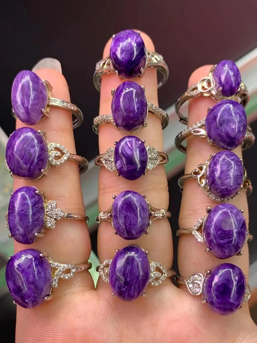 14Pcs/Lot Natural Purple Dragon Crystal Charo Stone Ring S925 Silver Inlaid Adjustable Size Woman Jewelry Anillos Mujer
14Pcs/Lot Natural Purple Dragon Crystal Charo Stone Ring S925 Silver Inlaid Adjustable Size Woman Jewelry Anillos Mujer
