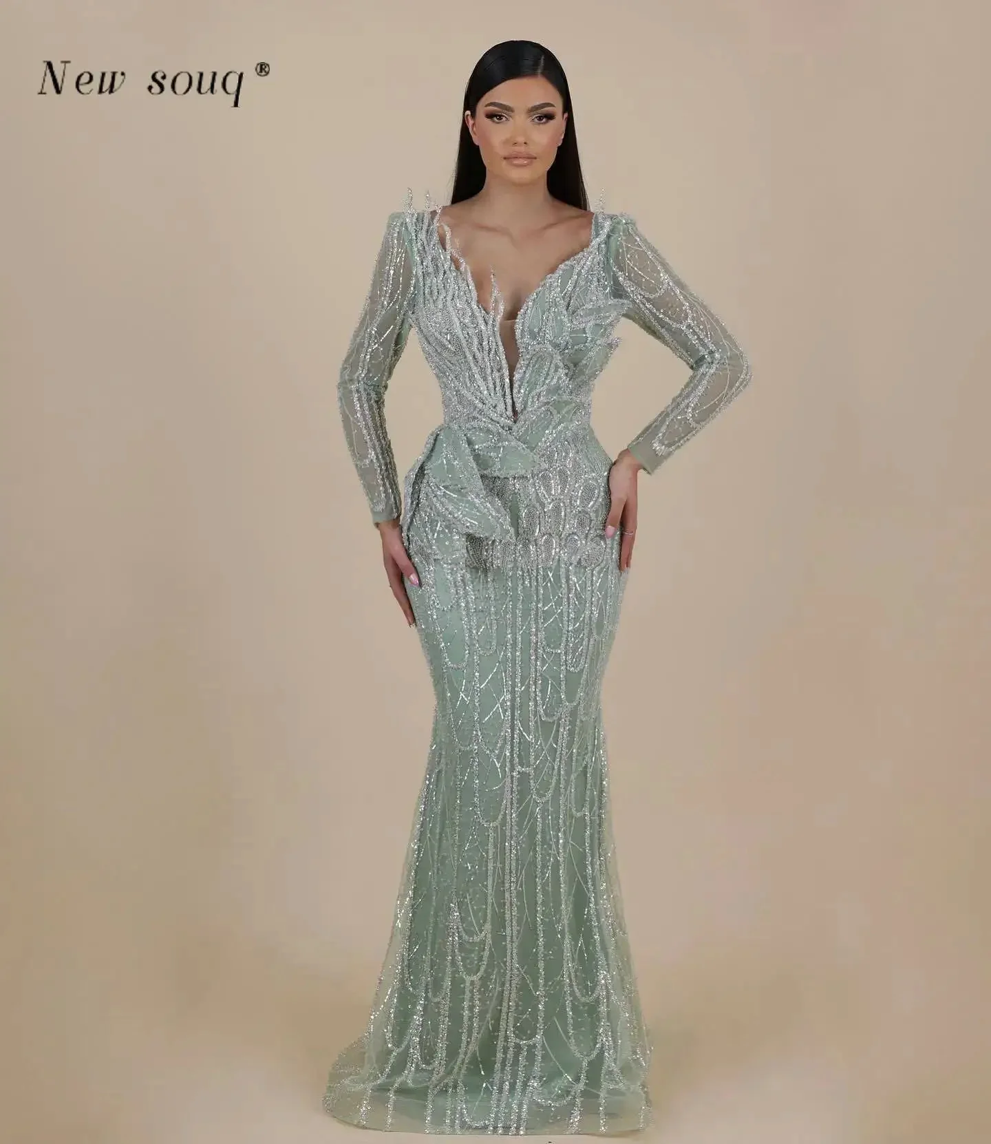 Opal Green Plunging V Neck Long Sleeves Evening Dresses Customized Arabic Formal Party Gowns Elegant Women's Prom Vestidos
Opal Green Plunging V Neck Long Sleeves Evening Dresses Customized Arabic Formal Party Gowns Elegant Women's Prom Vestidos