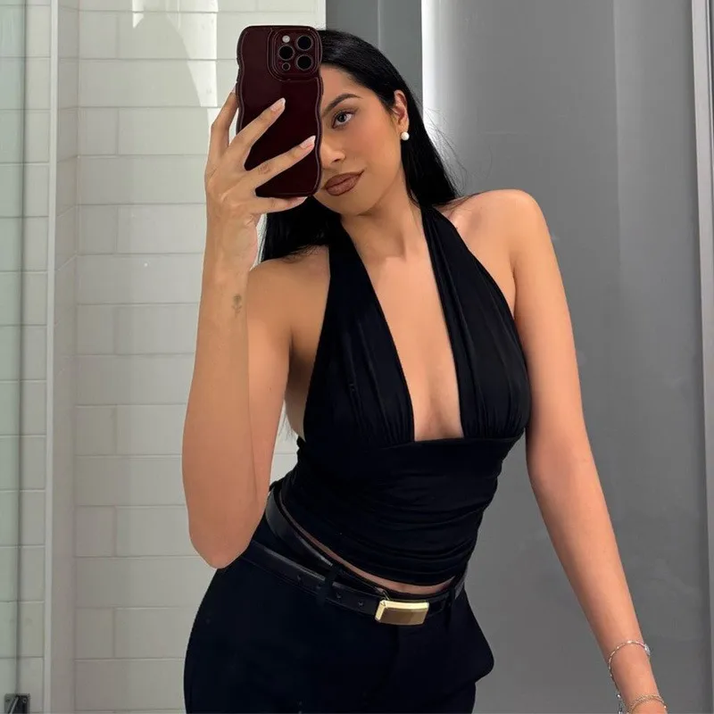 Summer Clothes Women Y2k Camisole Halter Neck Crop Tank Top Solid Color Ruched Front Tie Back Slim Fit Stretch Fabric Black
Summer Clothes Women Y2k Camisole Halter Neck Crop Tank Top Solid Color Ruched Front Tie Back Slim Fit Stretch Fabric Black