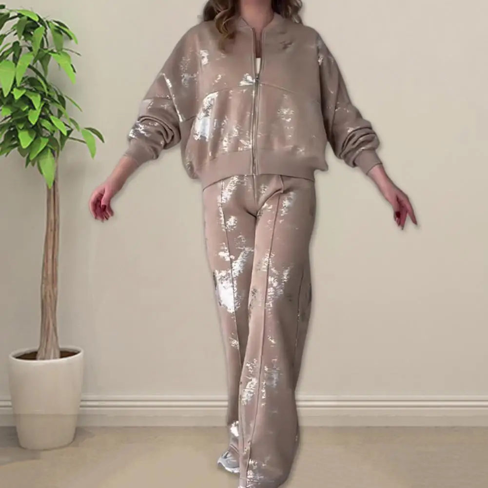 Fall Two-piece Set Sequin Coat Wide Leg Trousers Set for Women Stand Collar Zipper Closure Tracksuit with Elastic Cuff Sleeves
Fall Two-piece Set Sequin Coat Wide Leg Trousers Set for Women Stand Collar Zipper Closure Tracksuit with Elastic Cuff Sleeves