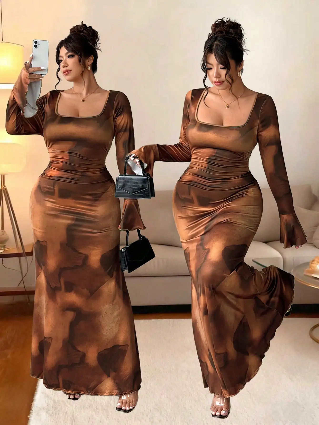 Женское коричневое платье макси с абстрактным принтом, длинными расклешенными рукавами и квадратным вырезом
Женское коричневое платье макси с абстрактным принтом, длинными расклешенными рукавами и квадратным вырезом