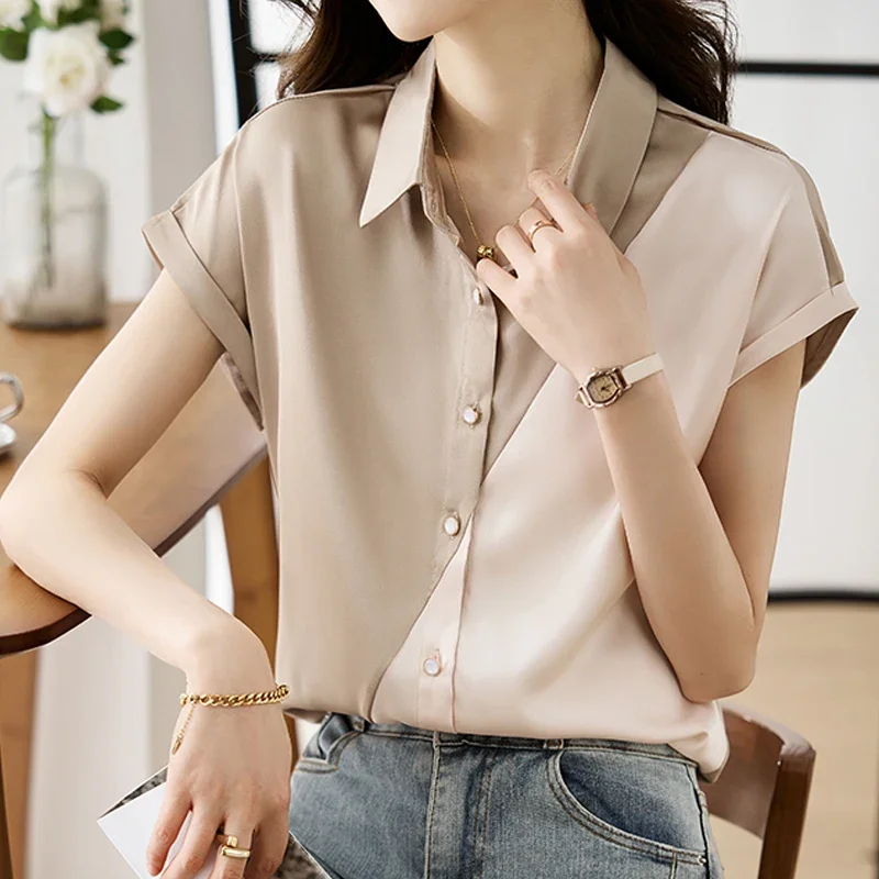 Office Lady Summer New Women Tops Short Sleeve Turn Down Collar Contrast Color Satin Blouse Cardigans Shirt Clothes Blusas 27914
Office Lady Summer New Women Tops Short Sleeve Turn Down Collar Contrast Color Satin Blouse Cardigans Shirt Clothes Blusas 27914