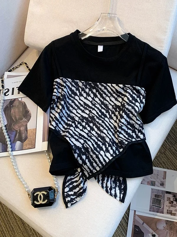 Short Sleeve T-Shirt Women's Summer Patchwork Fake Two-Piece Braided Design Fashionable Print Element Casual Wear
Short Sleeve T-Shirt Women's Summer Patchwork Fake Two-Piece Braided Design Fashionable Print Element Casual Wear