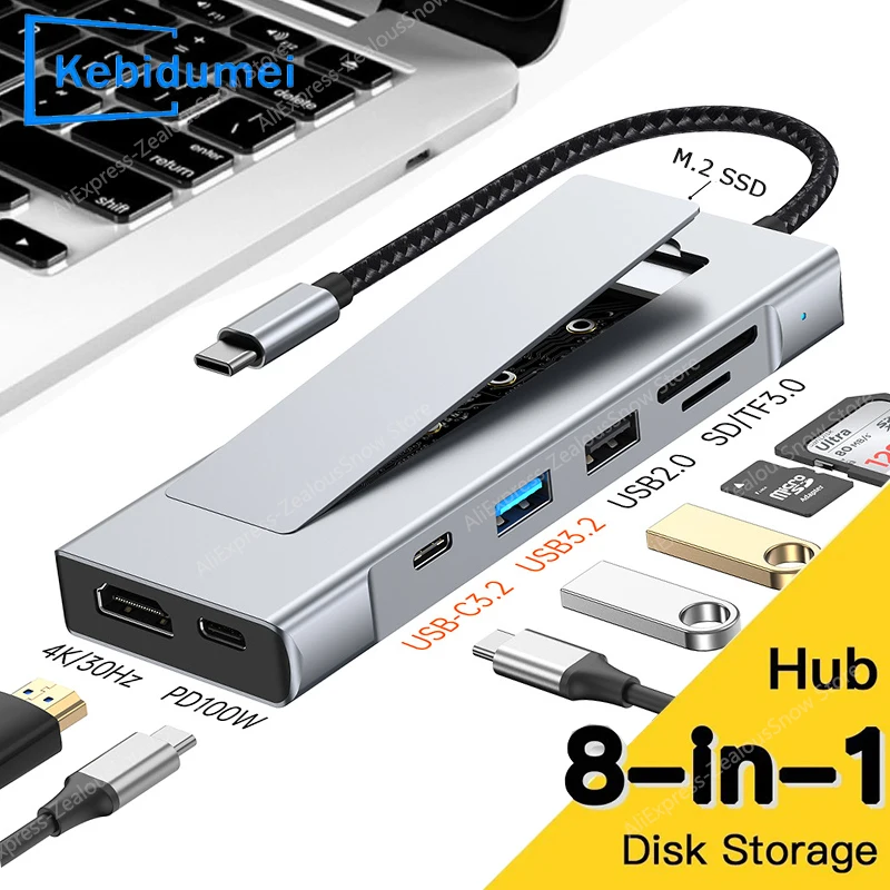 8-in-1 USB 3.2 Hub With Disk Storage Function M.2 SATA NVME SSD Type C to HDMI-Compatible Splitter SD/TF Reader For Macbook Pro
8-in-1 USB 3.2 Hub With Disk Storage Function M.2 SATA NVME SSD Type C to HDMI-Compatible Splitter SD/TF Reader For Macbook Pro