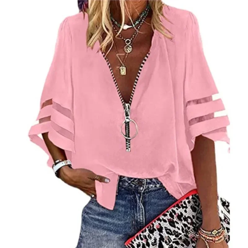 Casual Women's Shirt Top 2023 Summer Sexy V-Neck Zipper 3/4 Flare Sleeve Solid Color Patched Loose Blouse Women Clothing S-XXL
Casual Women's Shirt Top 2023 Summer Sexy V-Neck Zipper 3/4 Flare Sleeve Solid Color Patched Loose Blouse Women Clothing S-XXL
