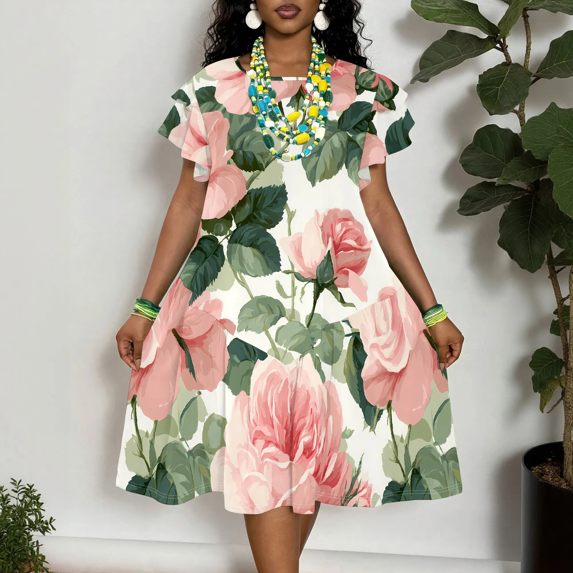Pink Rose Print Short Sleeve Dress for Women Casual Summer Floral Midi Dress Loose Fit
Pink Rose Print Short Sleeve Dress for Women Casual Summer Floral Midi Dress Loose Fit