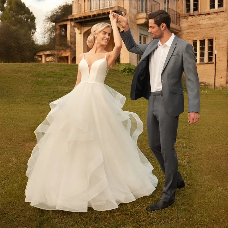 Spaghetti Strap Deep V Wedding Dress Solid Satin Bodice Cascading Layered Ruffle Tulle A-Line Skirt Chapel Train Customizable
Spaghetti Strap Deep V Wedding Dress Solid Satin Bodice Cascading Layered Ruffle Tulle A-Line Skirt Chapel Train Customizable