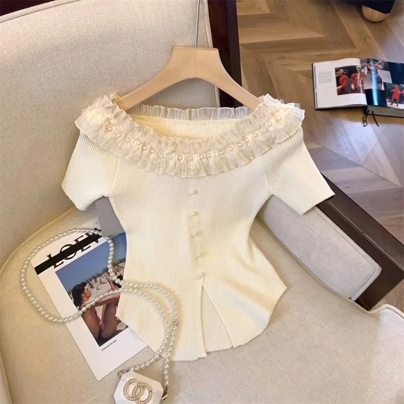 Female Off Shoulder Knitted Tee Shirt Summer Women Casual Elegant Ruffle Patchwork Slim Fit Top Blouse Short-Sleeve Tops
Female Off Shoulder Knitted Tee Shirt Summer Women Casual Elegant Ruffle Patchwork Slim Fit Top Blouse Short-Sleeve Tops
