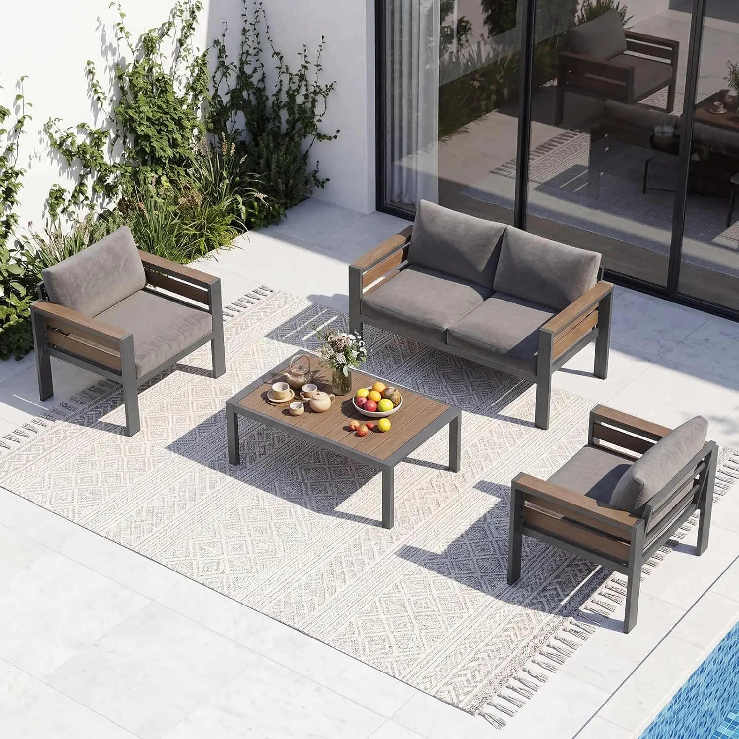 Aluminum Outdoor Patio Furniture Set with Coffee Table, 4 Piece Metal Outdoor Modern Conversation Sets with Thick Cushions, Sect
Aluminum Outdoor Patio Furniture Set with Coffee Table, 4 Piece Metal Outdoor Modern Conversation Sets with Thick Cushions, Sect