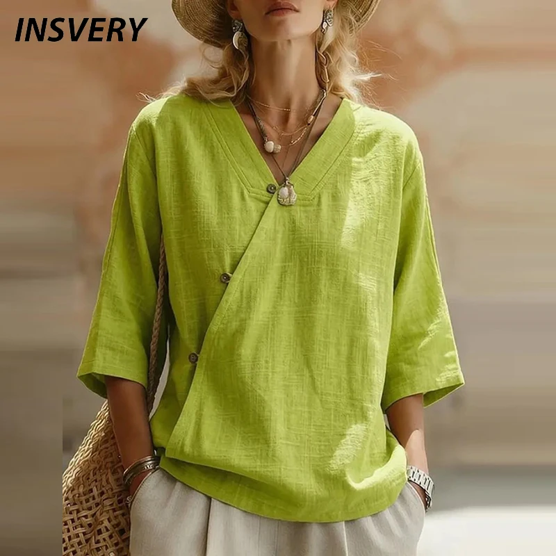Summer Women Shirt Blouses Top V Neck Button Design 3/4 Sleeve Loose Tee Casual Cotton Linen Women T-Shirts Solid Color Tops
Summer Women Shirt Blouses Top V Neck Button Design 3/4 Sleeve Loose Tee Casual Cotton Linen Women T-Shirts Solid Color Tops