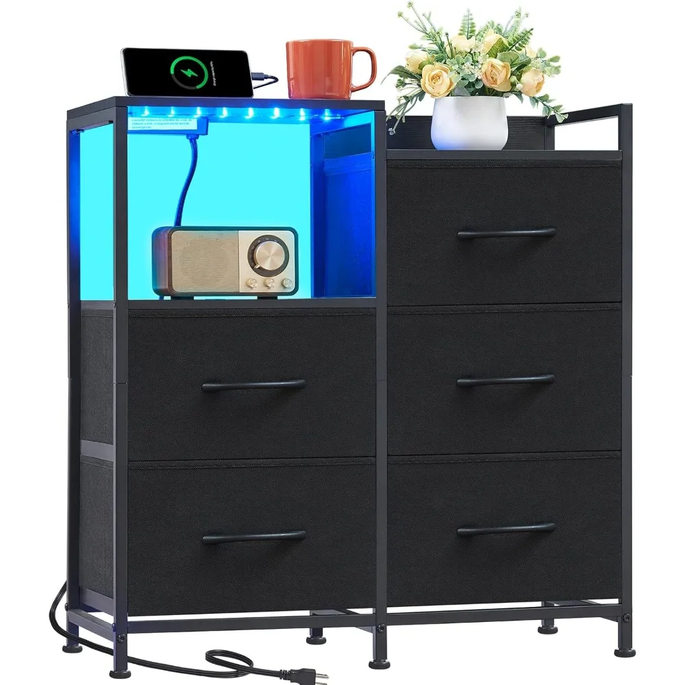 Black Nightstand with Charging Station and LED Light, Wide 5 Drawers Dresser for Bedroom with Fabric Bins and Open Shelf for Be
Black Nightstand with Charging Station and LED Light, Wide 5 Drawers Dresser for Bedroom with Fabric Bins and Open Shelf for Be
