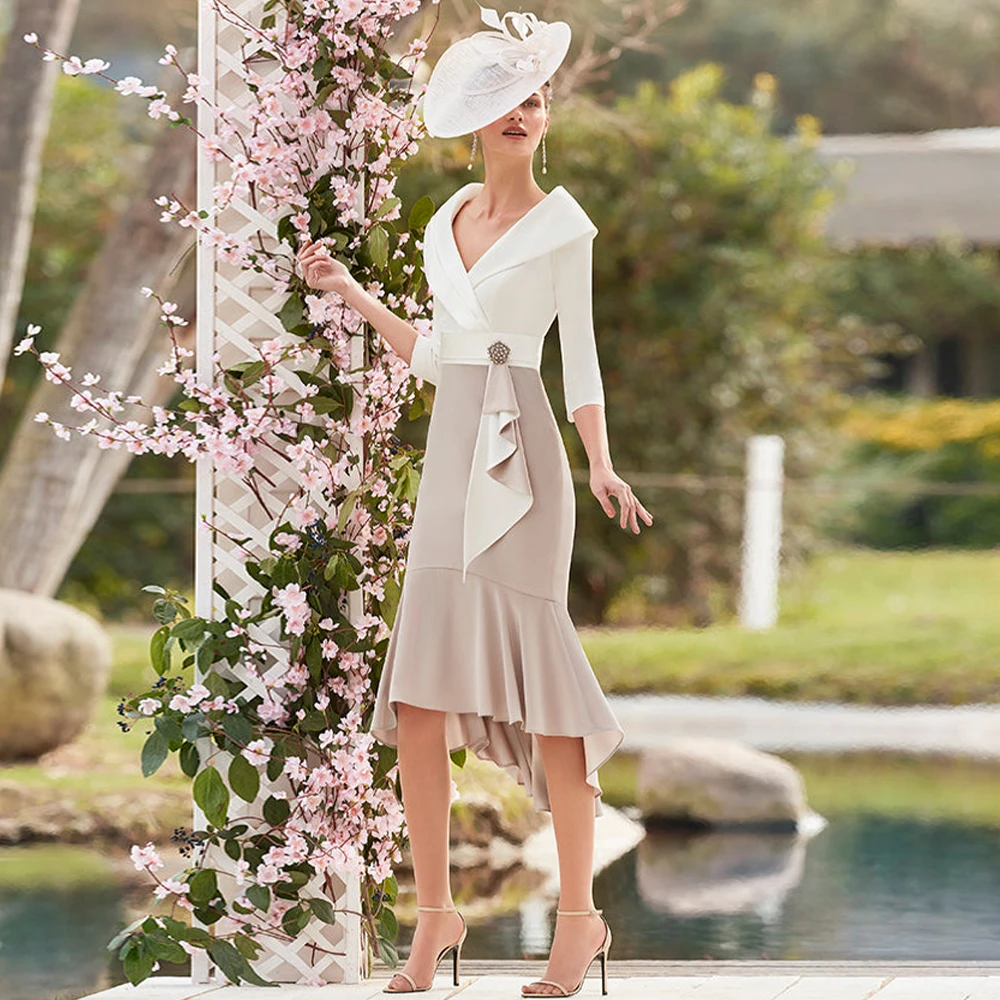 Mermaid Mother of the Bride Dresses Ivory Gray Asymmetrical Wedding Guest Gowns for Women V Neck 3/4 Sleeves Trumpet Party Dress
Mermaid Mother of the Bride Dresses Ivory Gray Asymmetrical Wedding Guest Gowns for Women V Neck 3/4 Sleeves Trumpet Party Dress