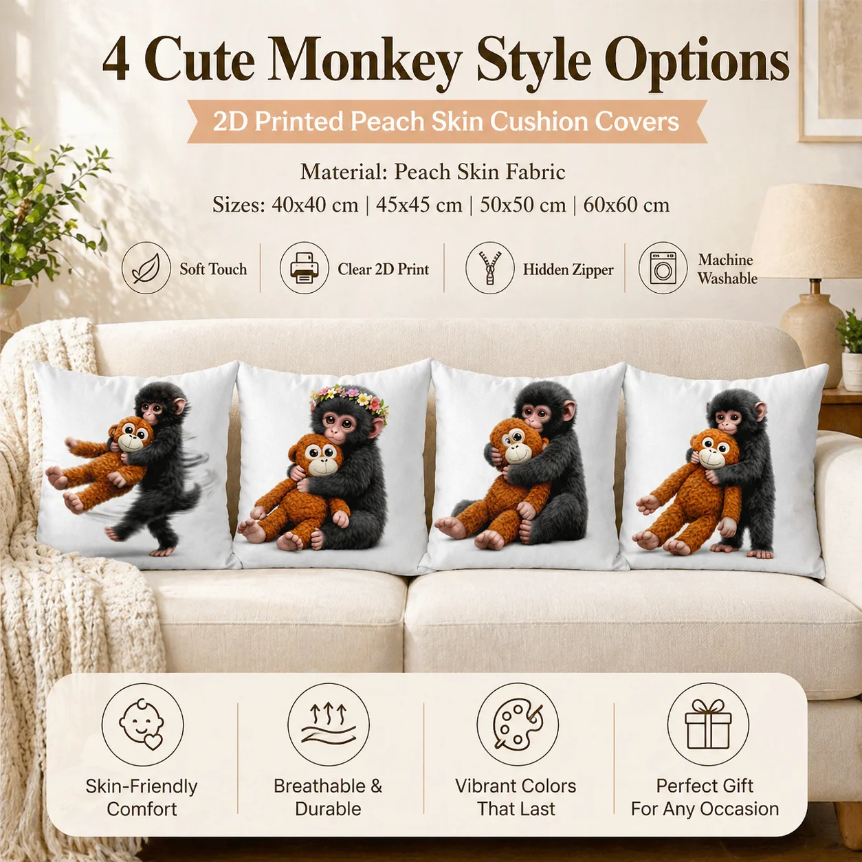 Cute Monkey 2D Printed Peach Skin Cushion Cover Kawaii Baby Chimpanzee Pillowcase for Kids Room Sofa Home Decor Birthday Gift
Cute Monkey 2D Printed Peach Skin Cushion Cover Kawaii Baby Chimpanzee Pillowcase for Kids Room Sofa Home Decor Birthday Gift
