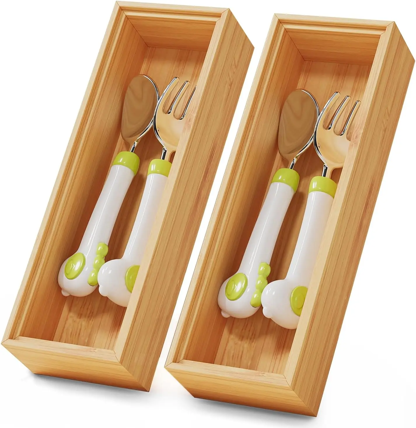 Bamboo Kitchen Drawer Organizer Set of 2, Stackable 9' x 3' Wood Silverware Utensil Tray for Drawers
Bamboo Kitchen Drawer Organizer Set of 2, Stackable 9' x 3' Wood Silverware Utensil Tray for Drawers