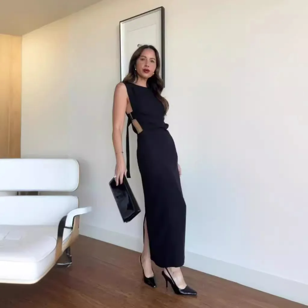 Women Hollow Dresses Ankle Length Dress Sashes Sleeveless O Neck Spliced Solid Loose Pullover Backless Vestidos Office Lady
Women Hollow Dresses Ankle Length Dress Sashes Sleeveless O Neck Spliced Solid Loose Pullover Backless Vestidos Office Lady