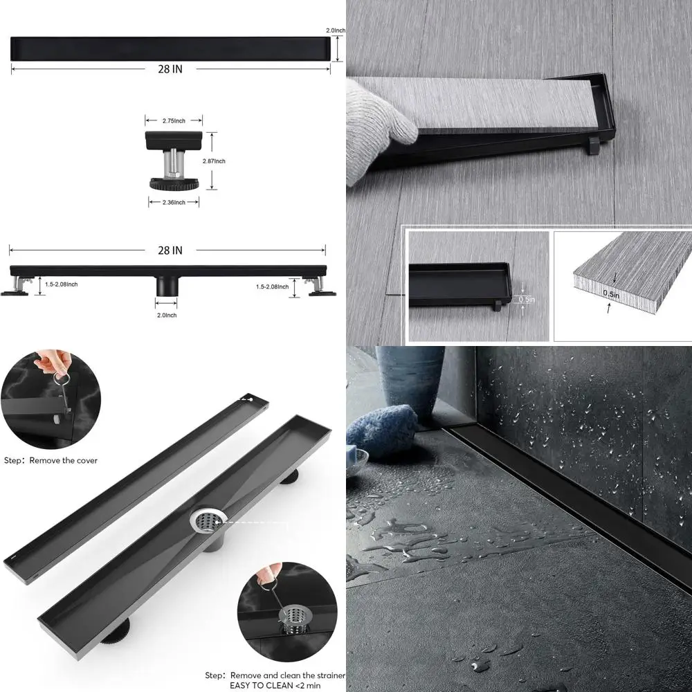 28-Inch Linear Shower Drain with Tile-Inset Grate, Reversible Flat Matte Black Cover, Rectangular Brushed Stainless Steel with H
28-Inch Linear Shower Drain with Tile-Inset Grate, Reversible Flat Matte Black Cover, Rectangular Brushed Stainless Steel with H