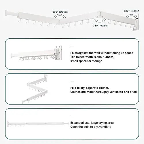White Space-Saving Wall-Mounted Folding Drying Rack With 18 Hooks And 360° Rotating Arms
White Space-Saving Wall-Mounted Folding Drying Rack With 18 Hooks And 360° Rotating Arms
