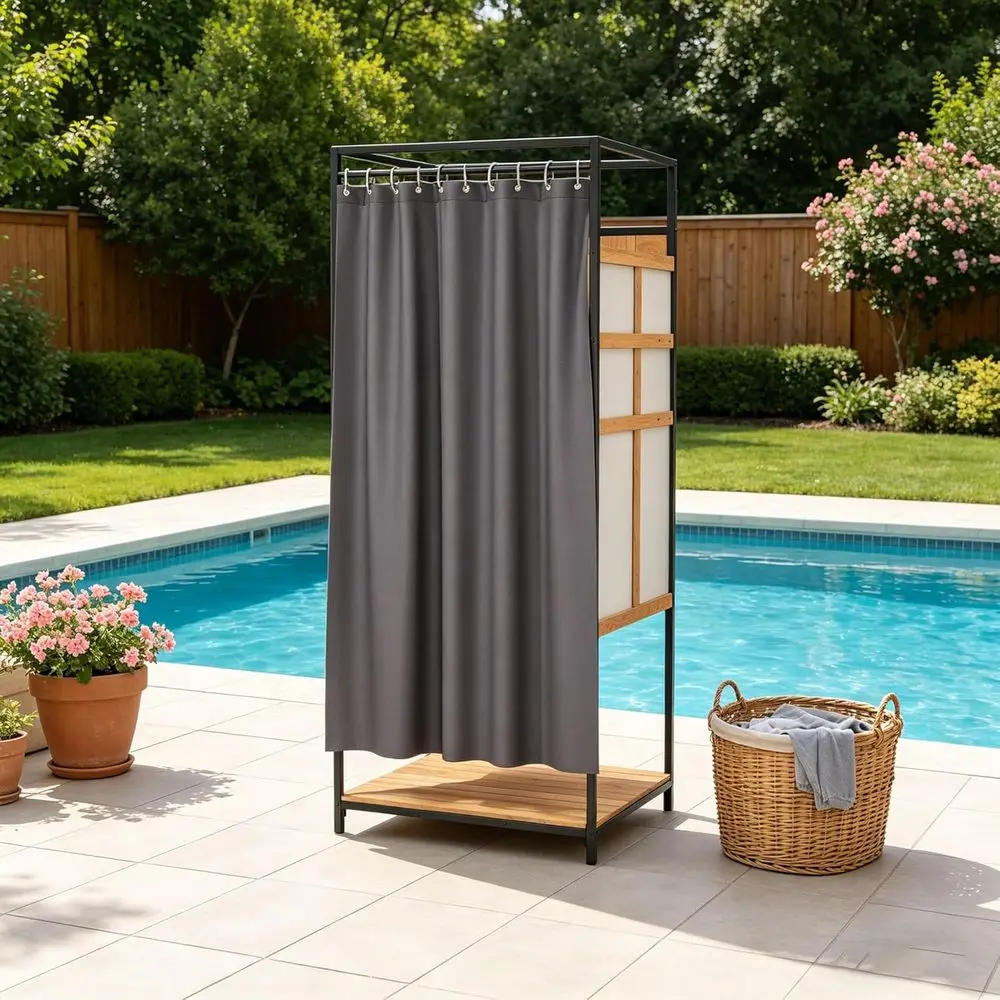 Backyard Outdoor Shower Enclosure with Mat, Curtain, and Elevated Wood Base
Backyard Outdoor Shower Enclosure with Mat, Curtain, and Elevated Wood Base