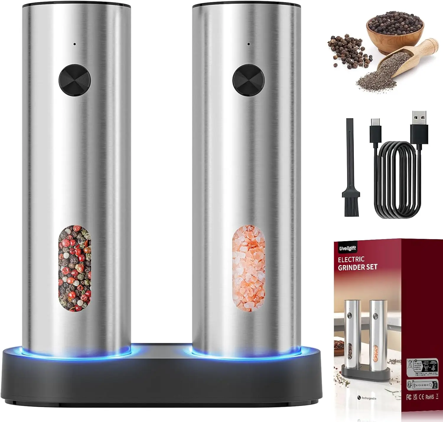 Rechargeable Salt & Pepper Grinder Set, USB Charging, Adjustable Coarseness, 110ml Stainless Steel
Rechargeable Salt & Pepper Grinder Set, USB Charging, Adjustable Coarseness, 110ml Stainless Steel