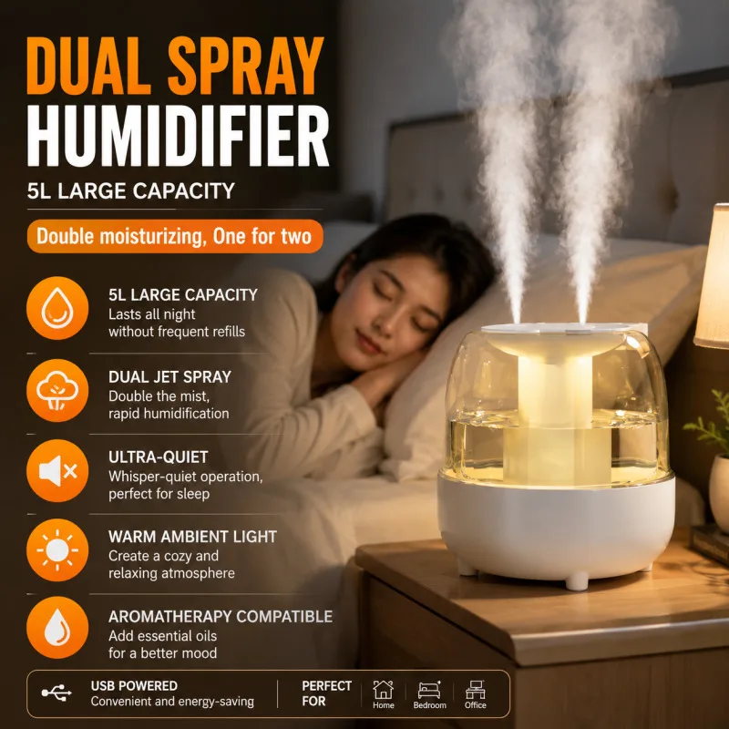 High Capacity Double Spray Humidifier, Home Student Dormitory Office Aromatherapy, 360° All-Round Fogging Moisturizing Air
High Capacity Double Spray Humidifier, Home Student Dormitory Office Aromatherapy, 360° All-Round Fogging Moisturizing Air