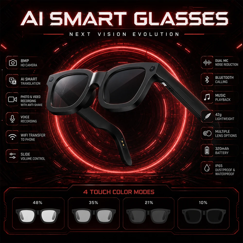4GB Memory 800W HD Camera Photochromic Lenses Sunglasses AI Smart Glasses Voice Assistant Translation Music Video Record
4GB Memory 800W HD Camera Photochromic Lenses Sunglasses AI Smart Glasses Voice Assistant Translation Music Video Record