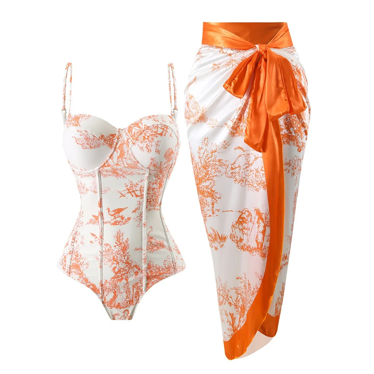 Women Retro Tankini Swimsuit Tummy Control Swimwear Corset Style Toile Print Bathing Suit Orange White with Satin Sarong
Women Retro Tankini Swimsuit Tummy Control Swimwear Corset Style Toile Print Bathing Suit Orange White with Satin Sarong