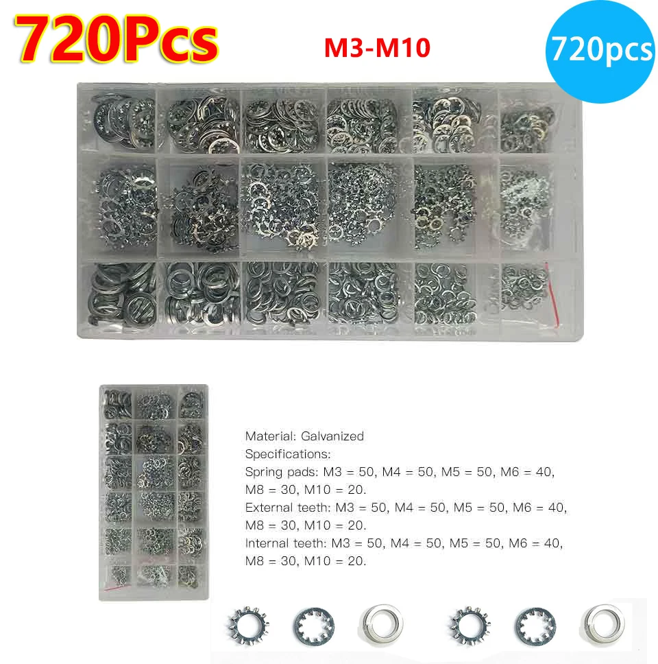 720Pcs External Internal Star Split Lock Washer Assortment Kit Metric M3 M4 M5 M6 M8 M10 Spring Lock Washers for Screws Bolts
720Pcs External Internal Star Split Lock Washer Assortment Kit Metric M3 M4 M5 M6 M8 M10 Spring Lock Washers for Screws Bolts