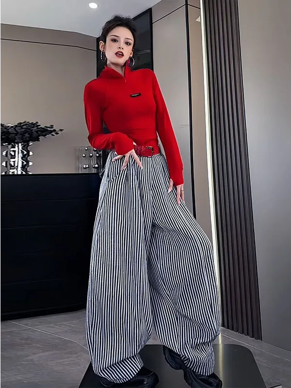 Retro American Sle Women's Slim Fit Red irt And Stripe Wide Leg Pants Two Piece Set High Waist Zipper Decorated Spring Fa...
Retro American Sle Women's Slim Fit Red irt And Stripe Wide Leg Pants Two Piece Set High Waist Zipper Decorated Spring Fa...
