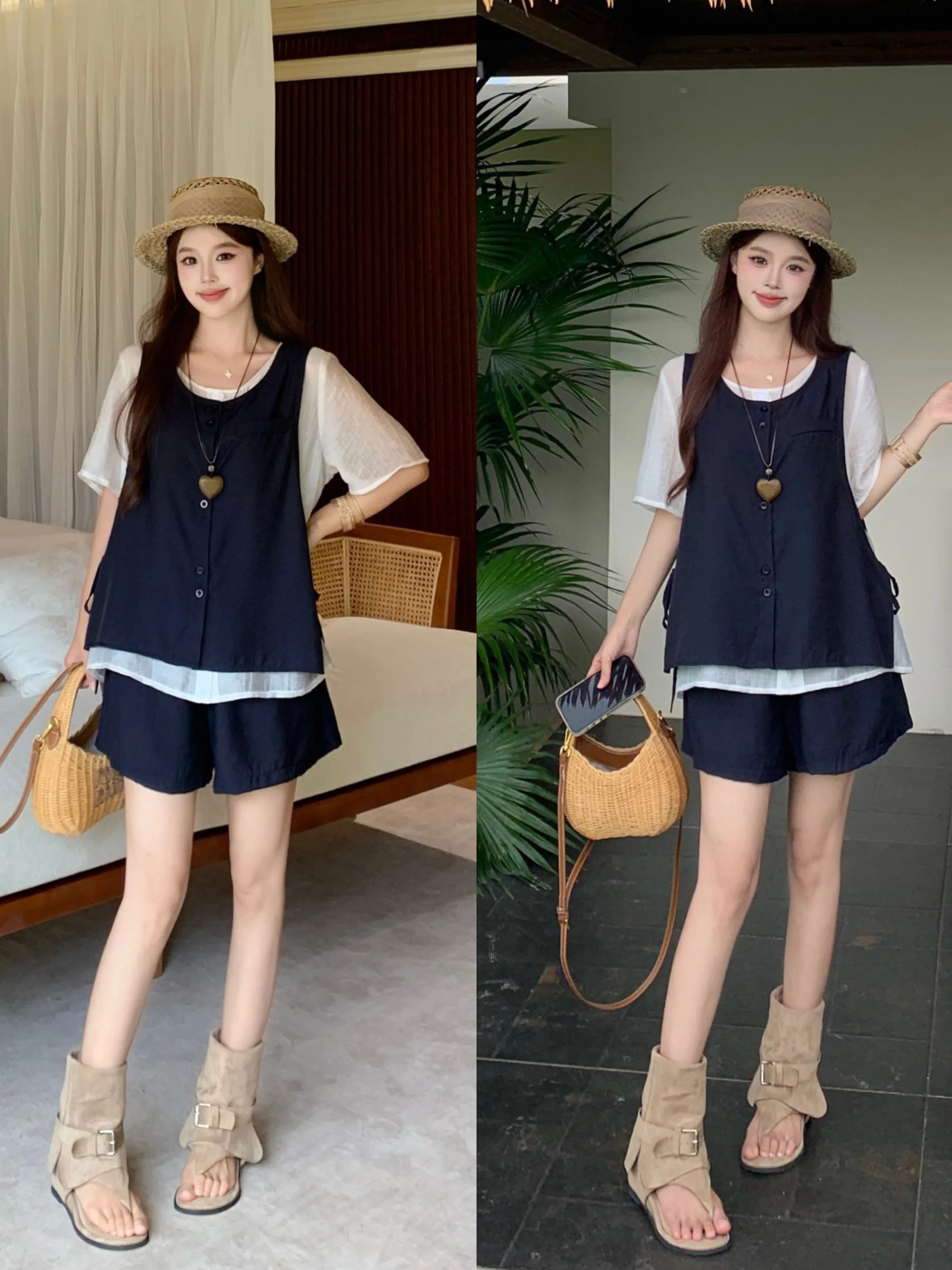 Fashionable Loose Color Block Shirt Casual Shorts Vest Three Piece Set for plus Size Women Comfortable Breathable Summer Outfit
Fashionable Loose Color Block Shirt Casual Shorts Vest Three Piece Set for plus Size Women Comfortable Breathable Summer Outfit