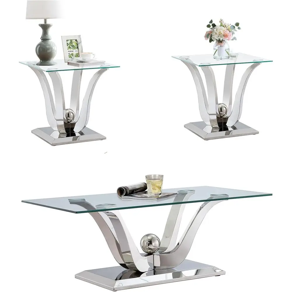 3-Piece Living Room Set: Glass Coffee Table & 2 End Tables with Floral Stainless Steel Bases
3-Piece Living Room Set: Glass Coffee Table & 2 End Tables with Floral Stainless Steel Bases