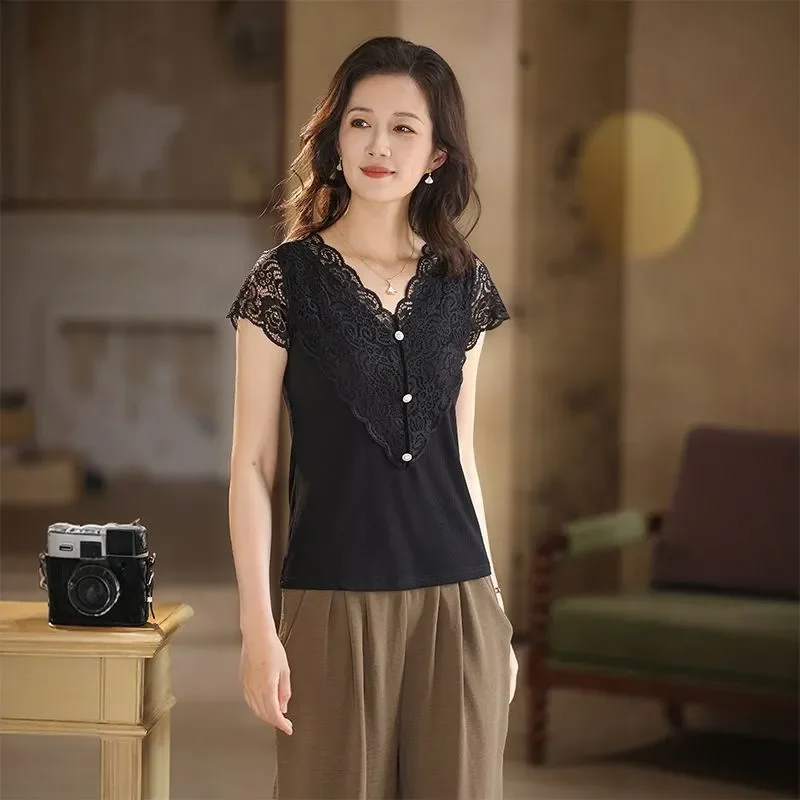 Elegant Lace V Neck Blouse Women Summer Short Sleeve Slim Fit Mature Mom Tops S-XXXL
Elegant Lace V Neck Blouse Women Summer Short Sleeve Slim Fit Mature Mom Tops S-XXXL