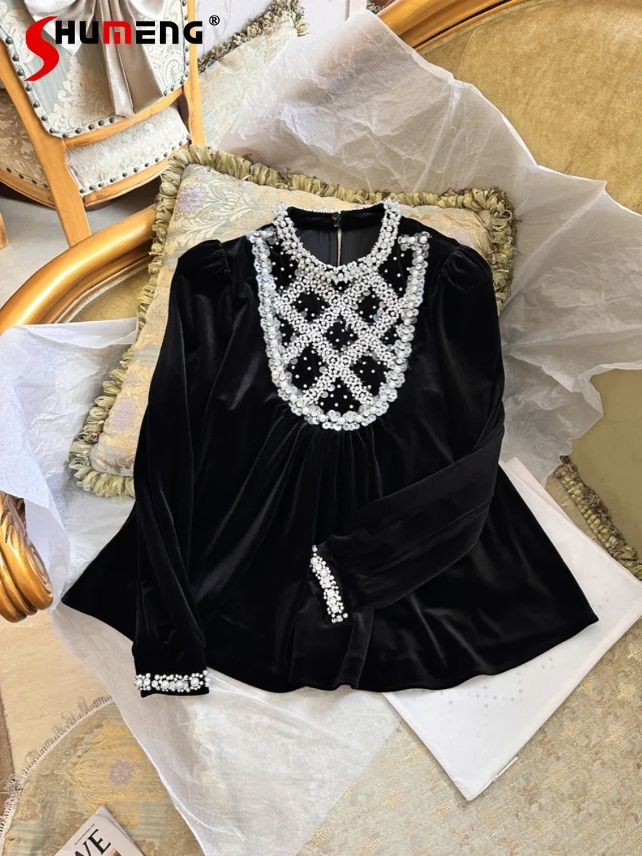 2023 Autumn Winter Women's Shirts Long Sleeve Velvet Retro Base Heavy Industry Manual Beaded Half Turtleneck Feminine Blouses
2023 Autumn Winter Women's Shirts Long Sleeve Velvet Retro Base Heavy Industry Manual Beaded Half Turtleneck Feminine Blouses