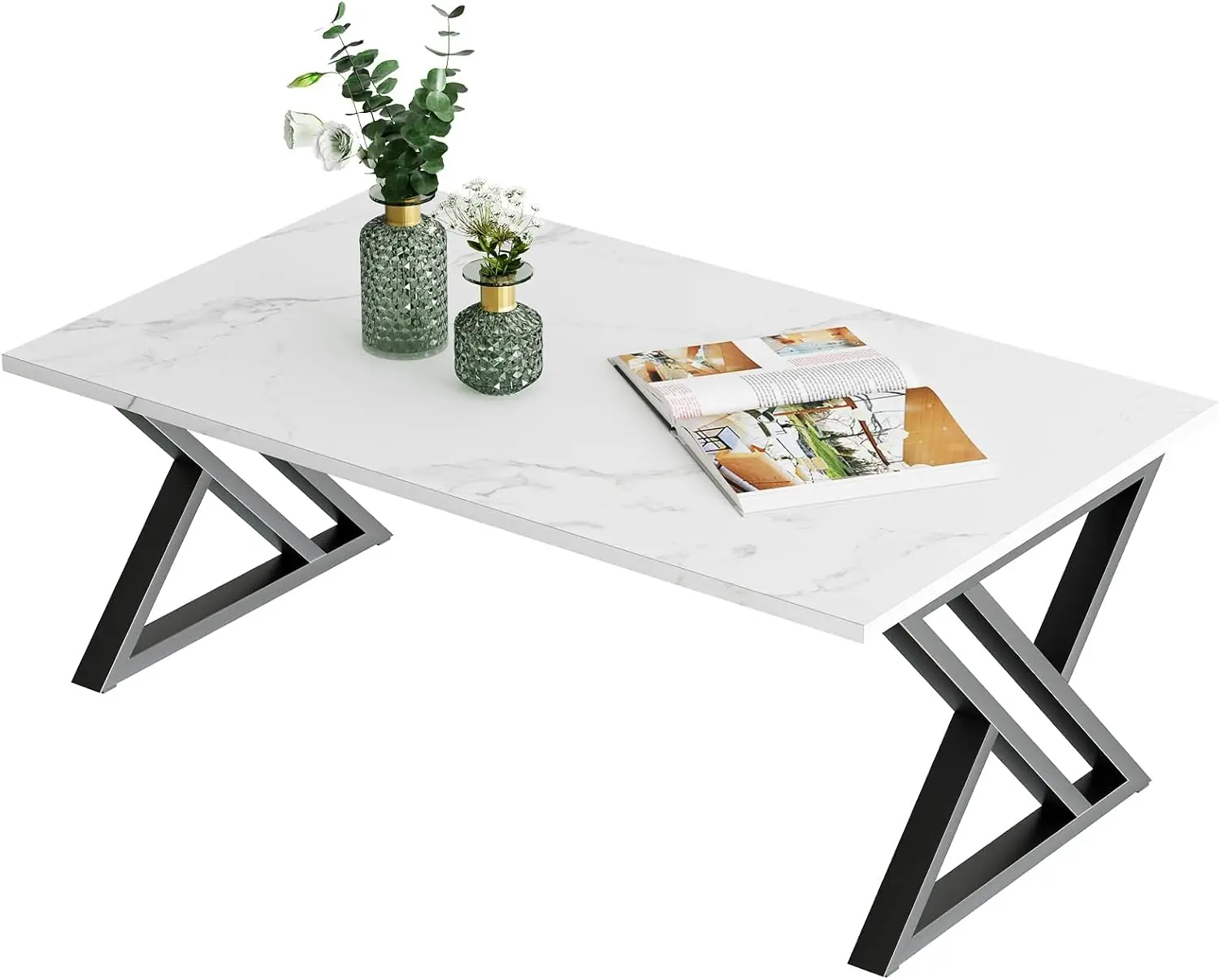 Modern Faux Marble Coffee Table, Rectangular White Center Table with Black Metal Frame, Sturdy & Easy Assembly
Modern Faux Marble Coffee Table, Rectangular White Center Table with Black Metal Frame, Sturdy & Easy Assembly