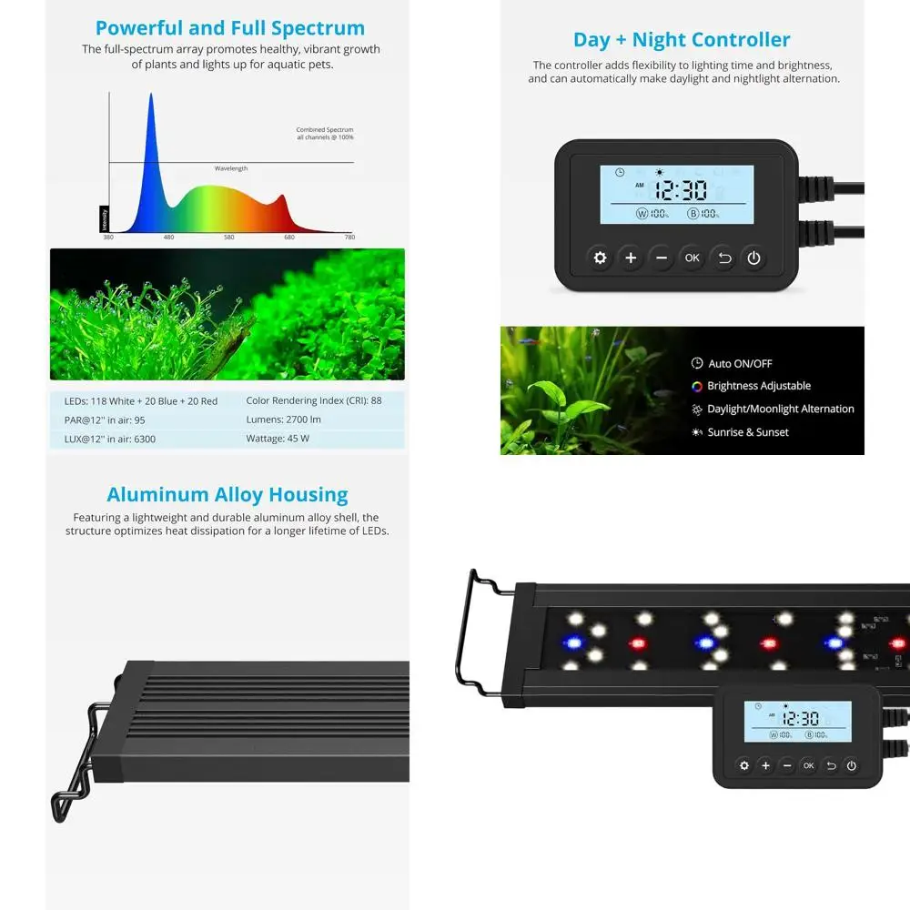 Adjustable Spectrum Freshwater Aquarium LED Light with Dimming and Programmable Schedule, 48-60 Inches, 45W
Adjustable Spectrum Freshwater Aquarium LED Light with Dimming and Programmable Schedule, 48-60 Inches, 45W