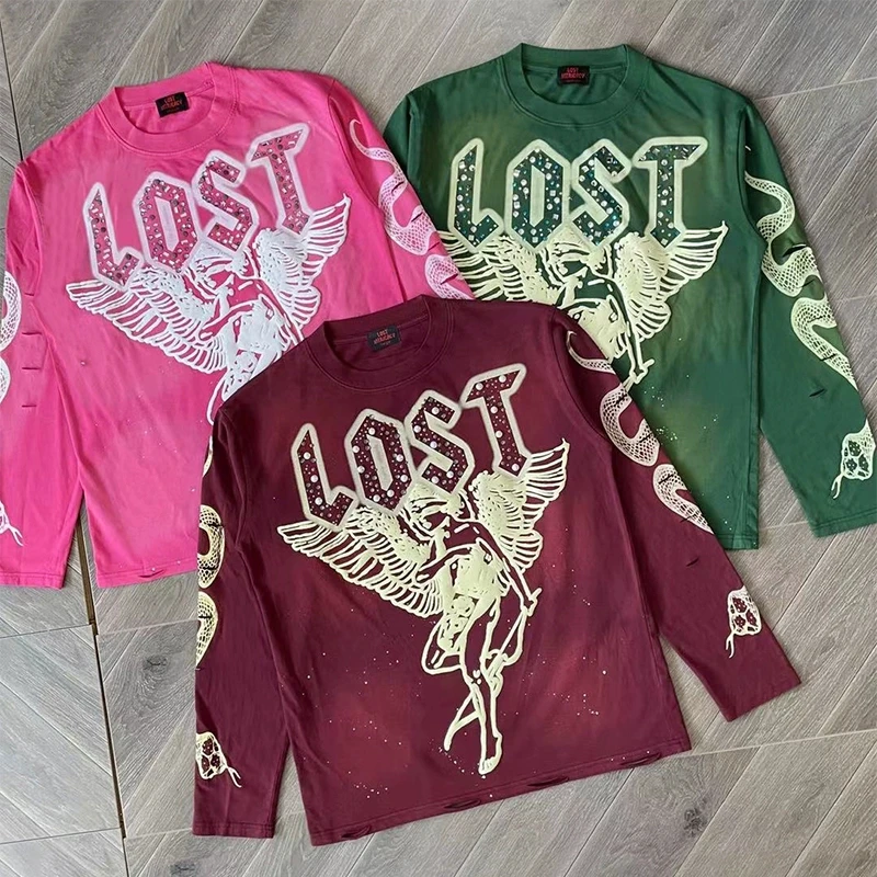 Embroidery Rhinestone Logo Foam Angel Print Lost Intricacy T Shirt Men Women Retro Washed Hole Damaged Loose Long Sleeve T-shirt
Embroidery Rhinestone Logo Foam Angel Print Lost Intricacy T Shirt Men Women Retro Washed Hole Damaged Loose Long Sleeve T-shirt