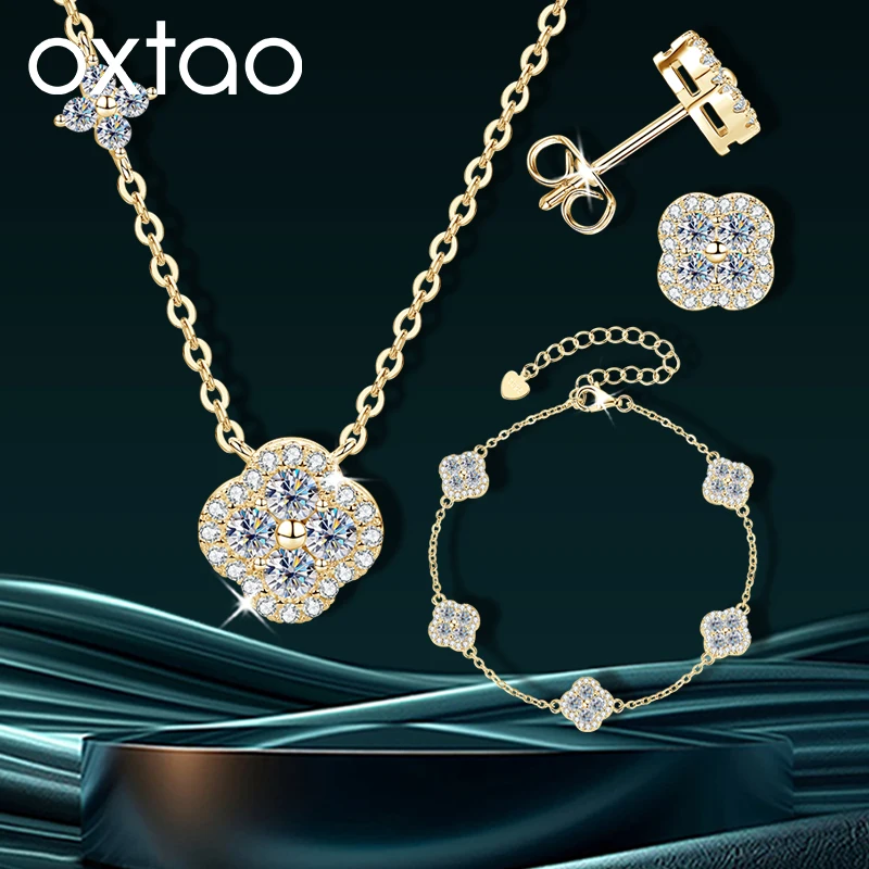 OXTAO Роскошный комплект украшений с клевером: колье, браслет, серьги для женщин, сертифицированный муассанит цвета D, ювелирные изделия в форме четырехлистного цветка, покрытие из 14-каратного золота
OXTAO Роскошный комплект украшений с клевером: колье, браслет, серьги для женщин, сертифицированный муассанит цвета D, ювелирные изделия в форме четырехлистного цветка, покрытие из 14-каратного золота